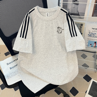 美式高街青少年三条杠短袖T恤男女夏季宽松纯棉插肩袖潮牌上衣