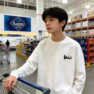 纯棉重磅长袖T恤衫男 秋季宽松百搭圆领印花青少年打底衫上衣