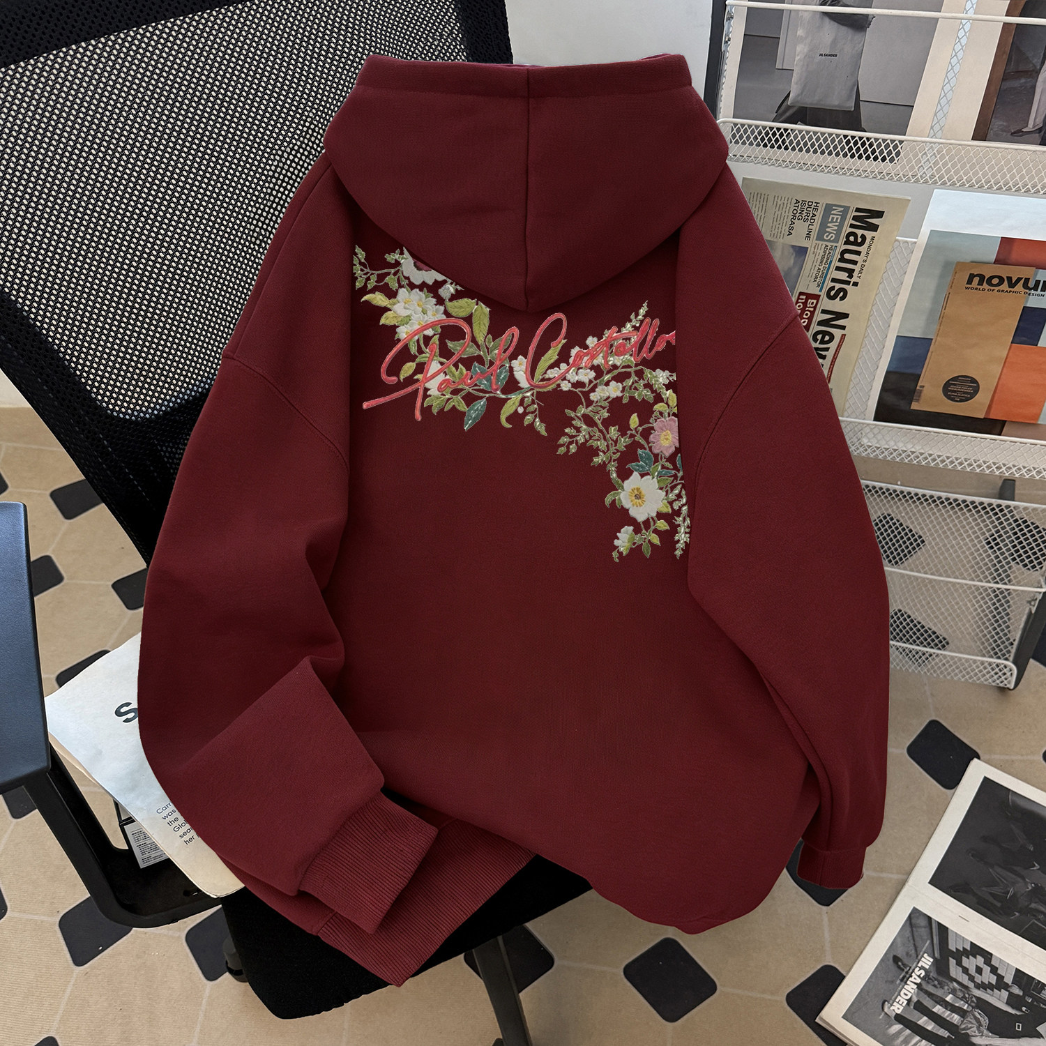 2026春秋冬新款酒红色连帽印花国潮卫衣男女情侣花卉长袖套头外套