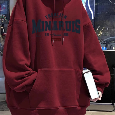 美式重磅酒红色连帽卫衣