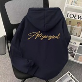 美式 潮牌vintage卫衣男女复古字母秋冬款 藏青色连帽加绒加厚外套