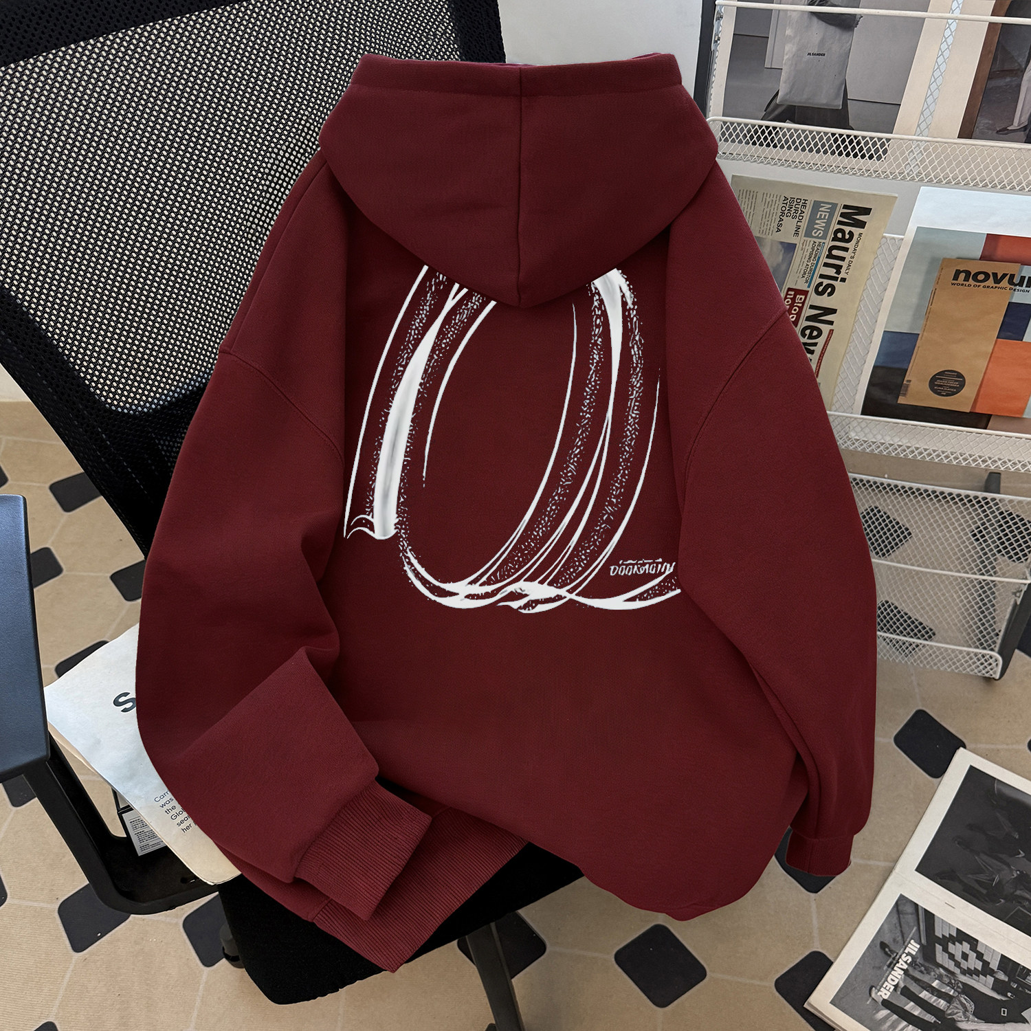 美式字母印花连帽卫衣男女酒红色新款加绒宽松套头上衣小青年潮牌