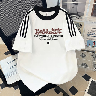 美式街头三条杠短袖T恤男女新款宽松oversize纯棉重磅情侣装上衣