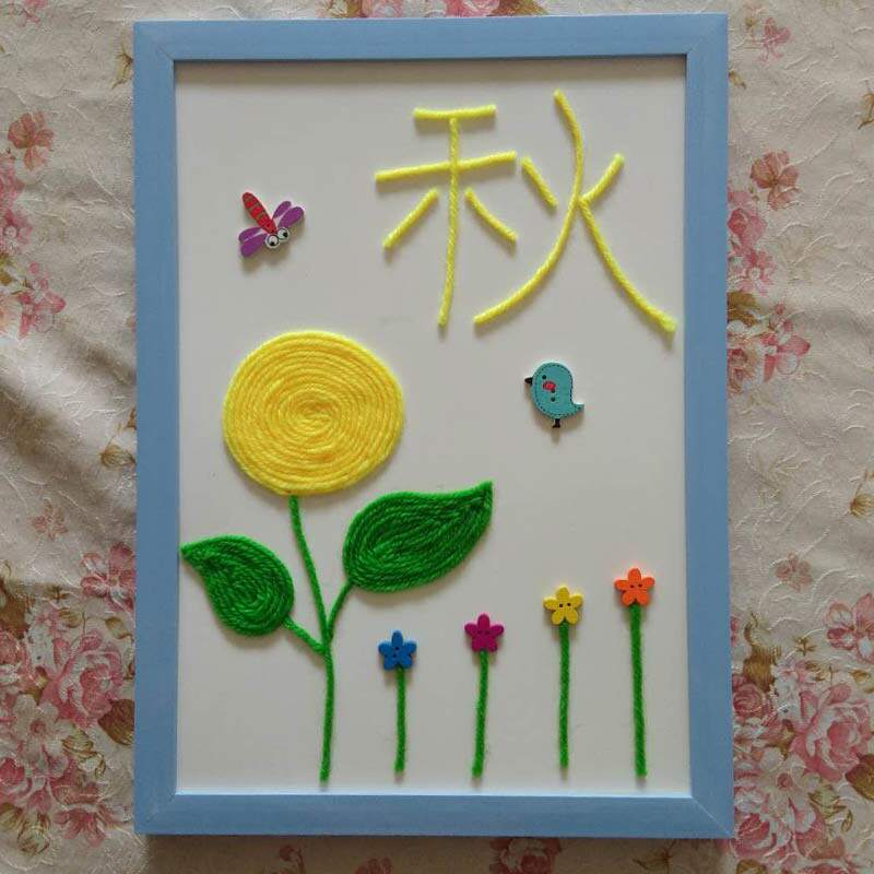益智儿童手工diy创意材料包毛线纽扣画趣味亲子手工贴画 秋a4带框