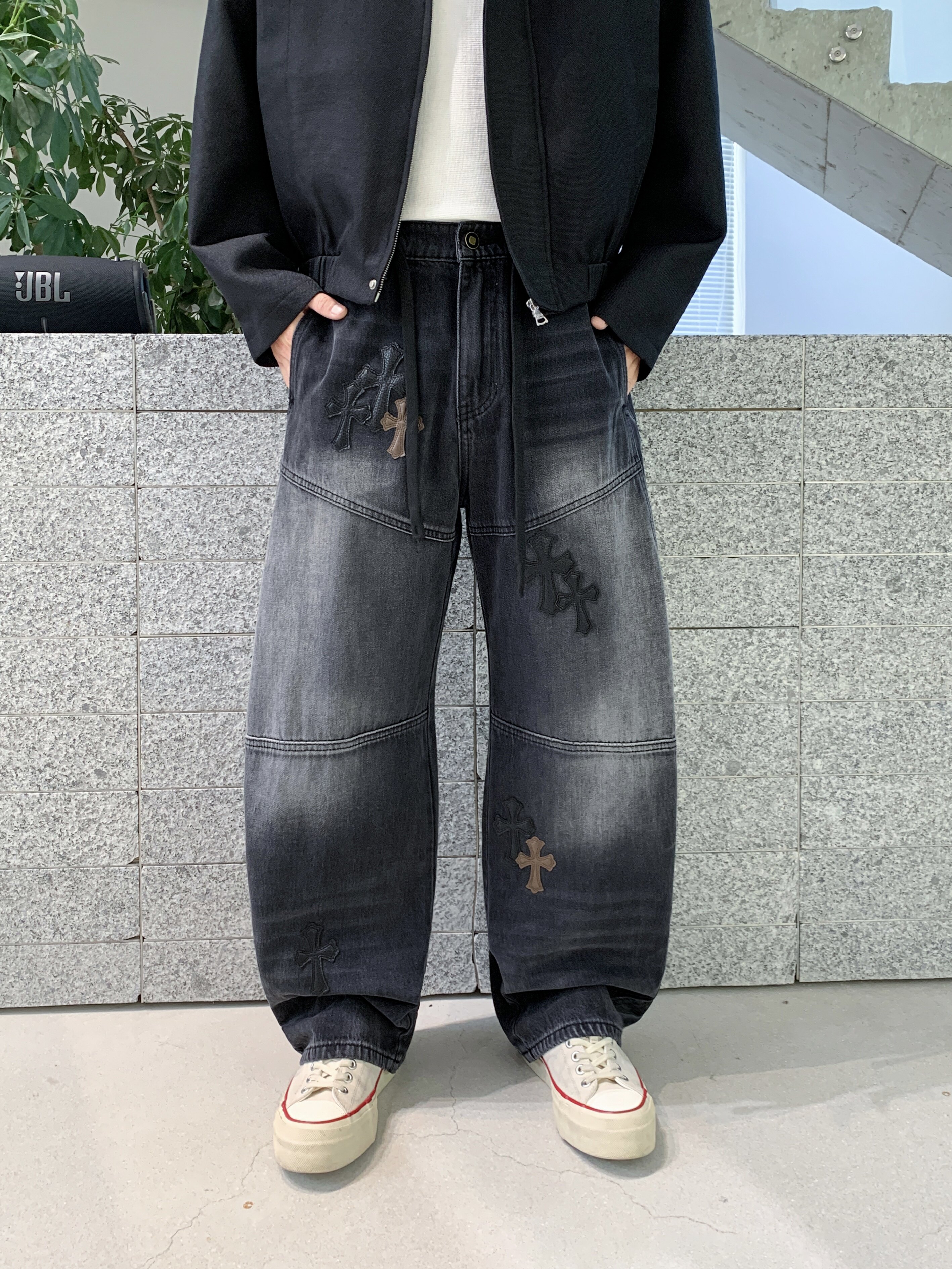 MOBEN美式重磅水洗高街十字架贴布绣牛仔裤男直筒阔腿休闲长裤子