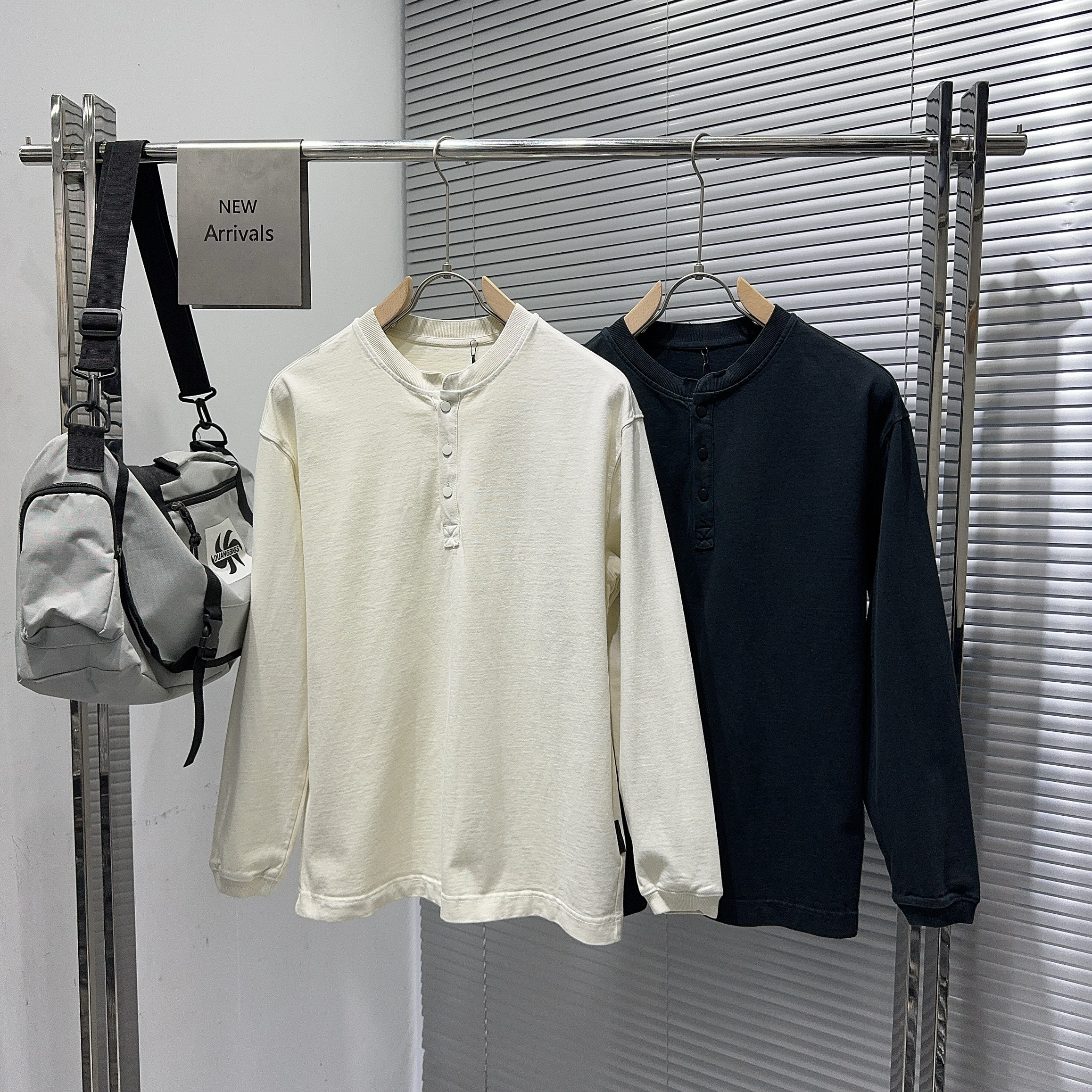 400g重磅美式复古亨利衫男长袖T恤美式纯棉打底衫秋冬亨利领卫衣