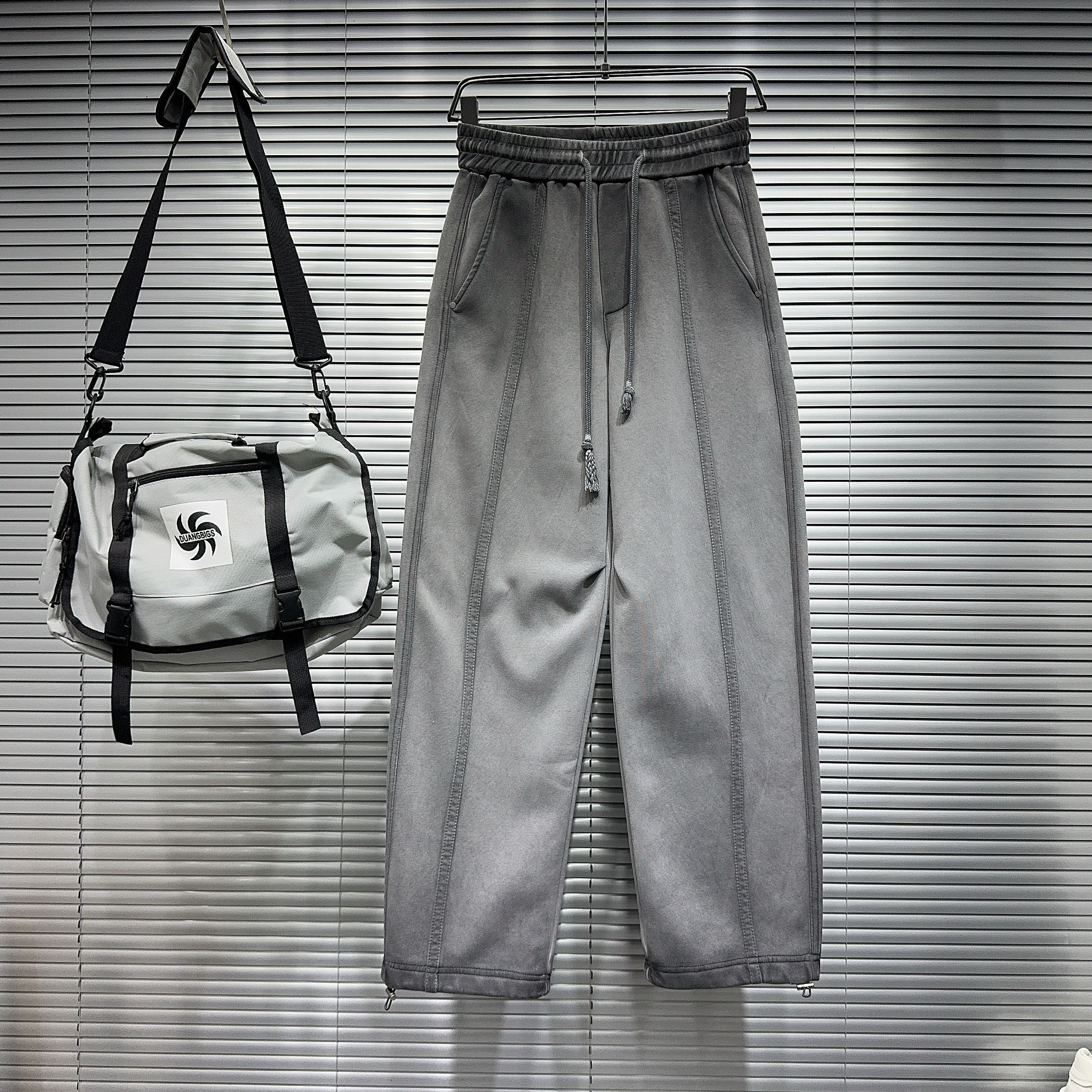 YOUDU男士冬季加绒加厚重工洗水直筒裤休闲美式潮流脏脏裤阔腿裤