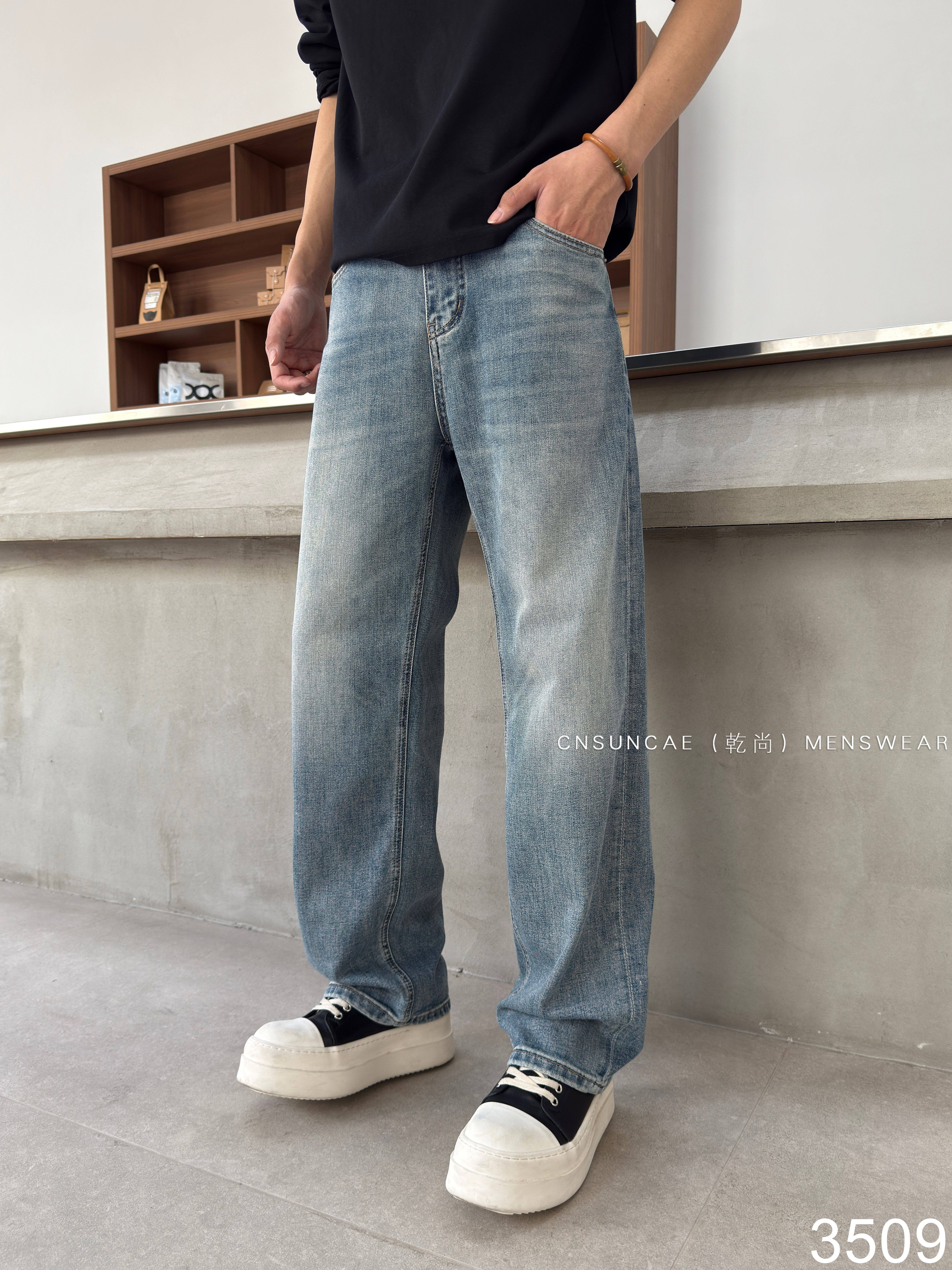 乾尚春夏新款男士牛仔裤小直筒时尚显瘦帅气弹力浅色休闲牛仔裤潮