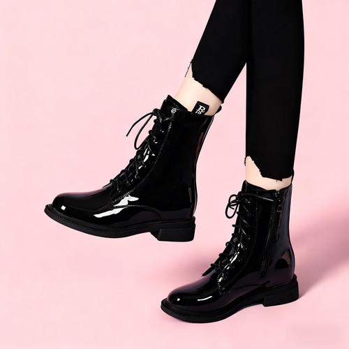 真皮圆头低跟平底短靴漆皮马丁靴