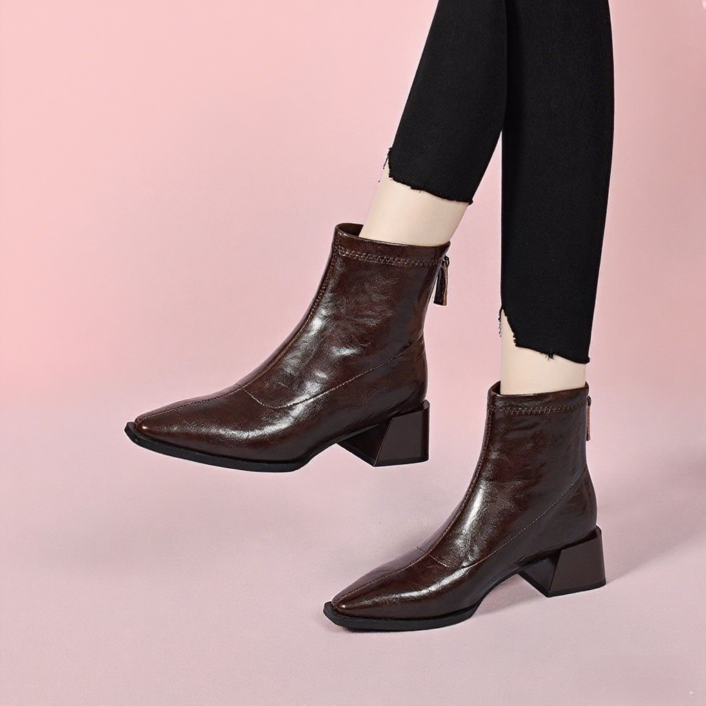 真皮尖头短靴粗跟中跟马丁靴