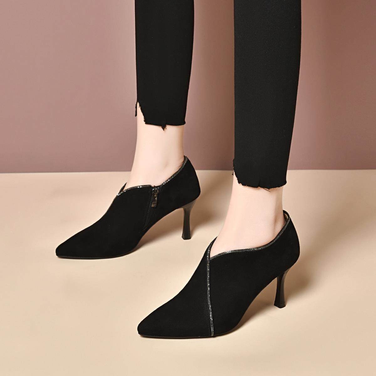 磨砂皮高跟鞋女春秋羊反绒水钻尖头细跟真皮单鞋气质深口通勤皮鞋