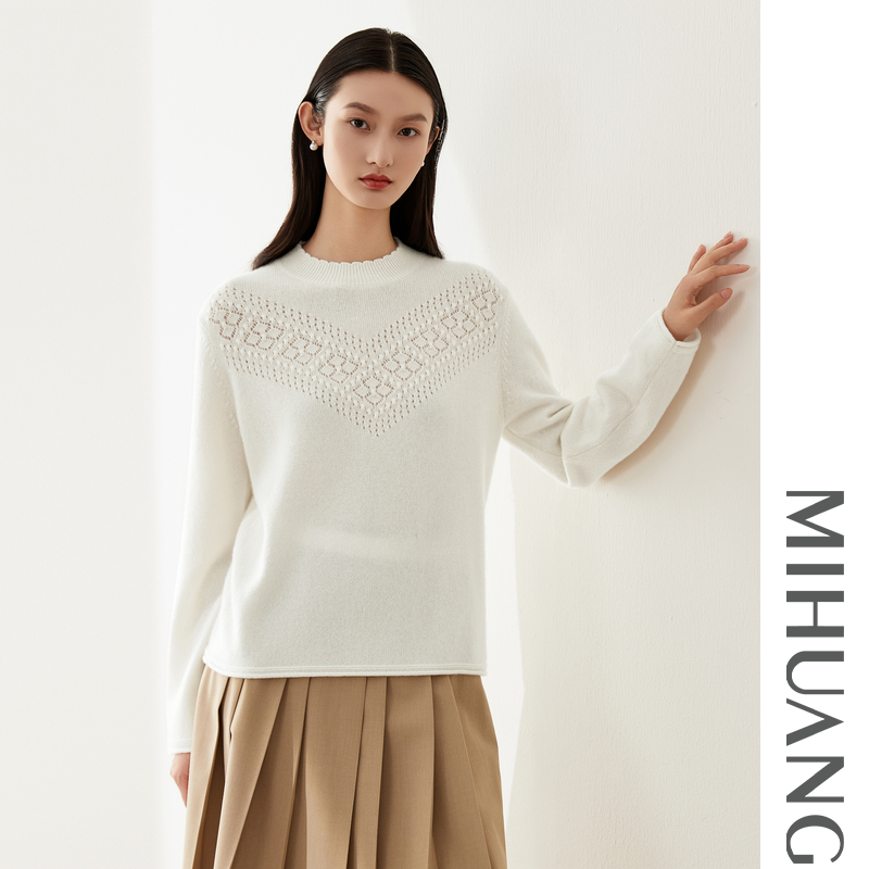 米皇2025秋季新款半高领厚款羊绒女上衣时尚淑女镂空纯山羊绒毛衣