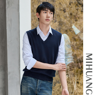 米皇2025秋冬新款V领套头羊绒衫男纯色休闲纯羊绒背心针织打底衫