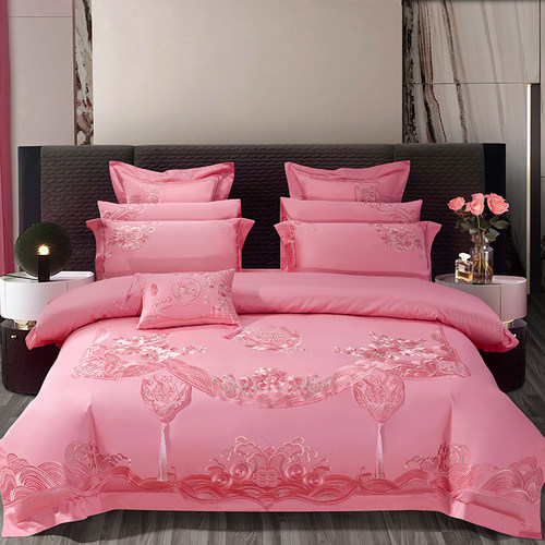 140支全棉长绒棉刺绣花粉色婚庆结婚四件套喜被床上用品六十件套