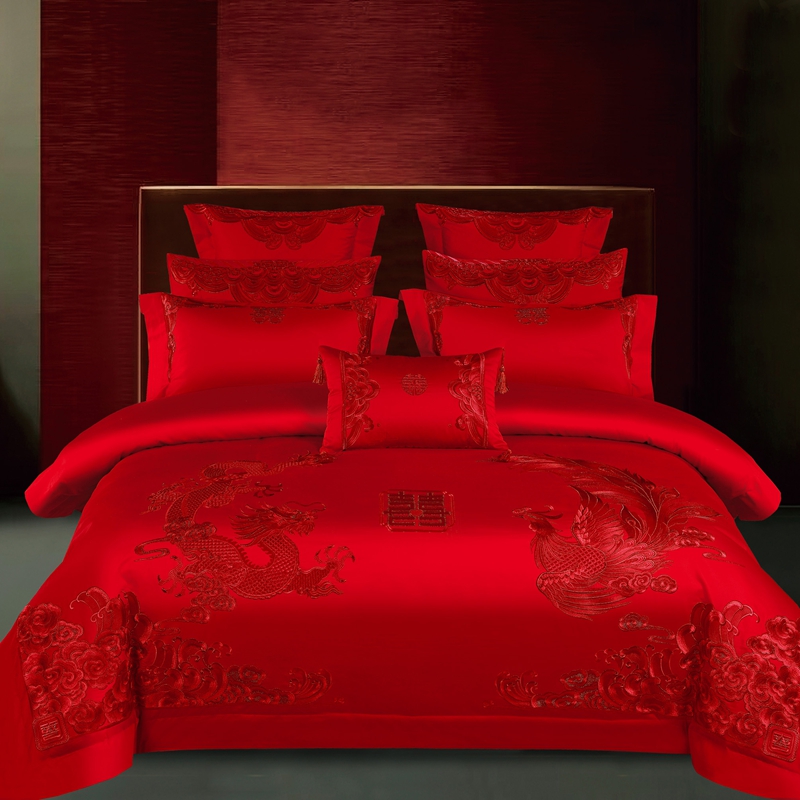 140支全棉婚庆大红色龙凤刺绣新婚四六十件套结婚嫁床上用品喜被