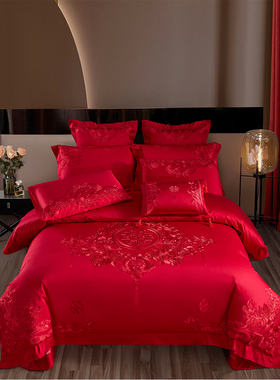 140S全棉婚礼四件套大红色刺绣婚礼房间床上用品60件套婚礼棉被