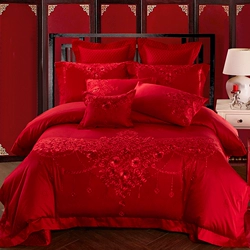 Yamu 100 miếng cotton dài chủ yếu cotton cưới bốn mảnh phù hợp với trăm hình ảnh đám cưới hạnh phúc được bộ đồ giường màu đỏ 60 bộ - Bộ đồ giường bốn mảnh