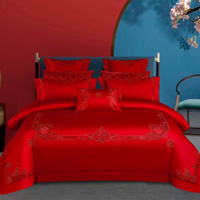 140支全棉简约婚庆四件套大红色结婚六十件套婚礼床上用品喜被子