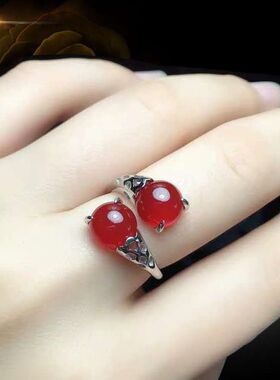 2026爆款双石戒指气质女士时尚开口指环红色简约食指戒指经典款