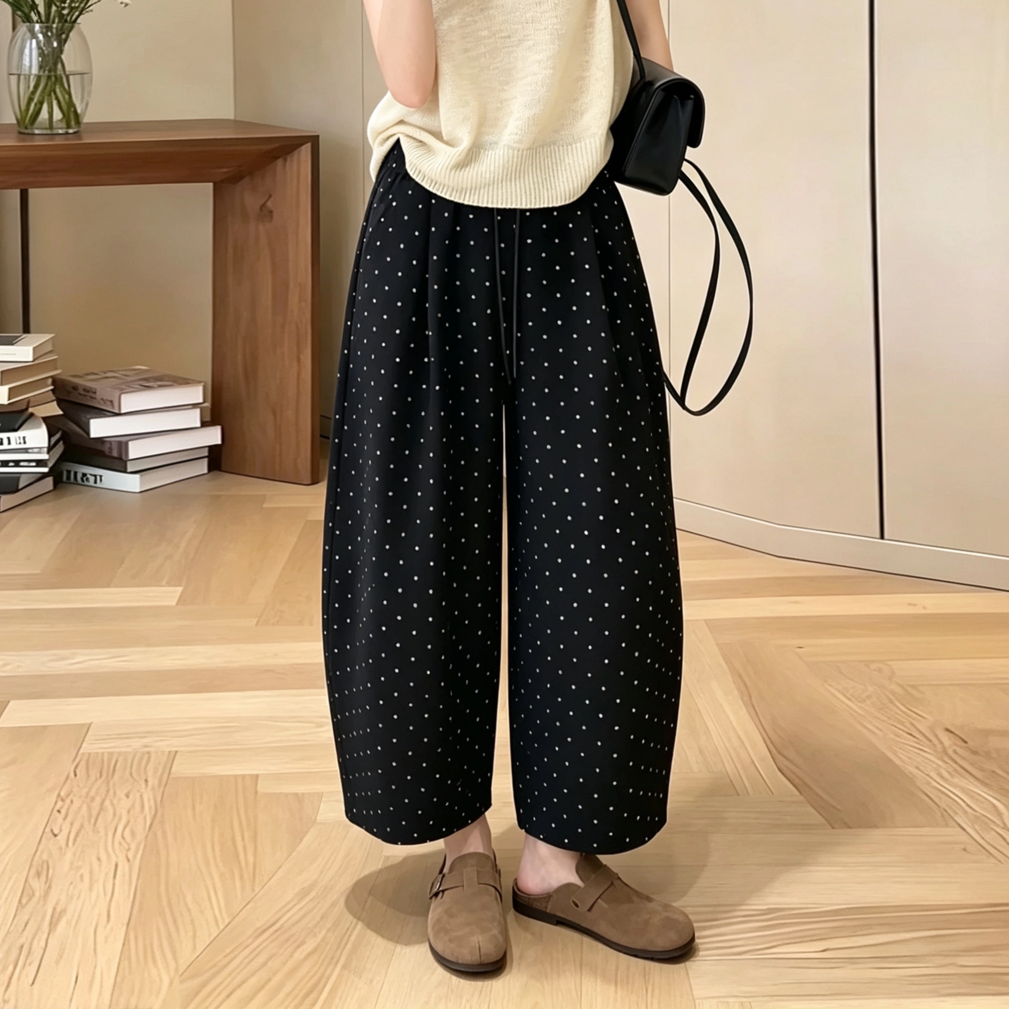 高端黑色波点阔腿弯刀裤女夏季