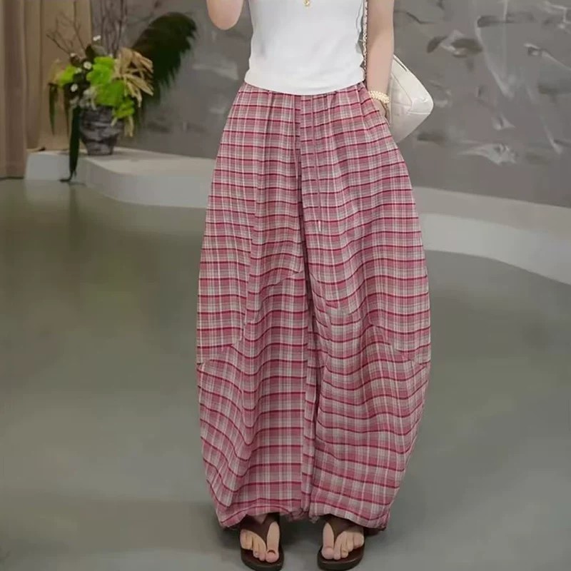 慵懒风韩版格子弯刀阔腿裤女夏季