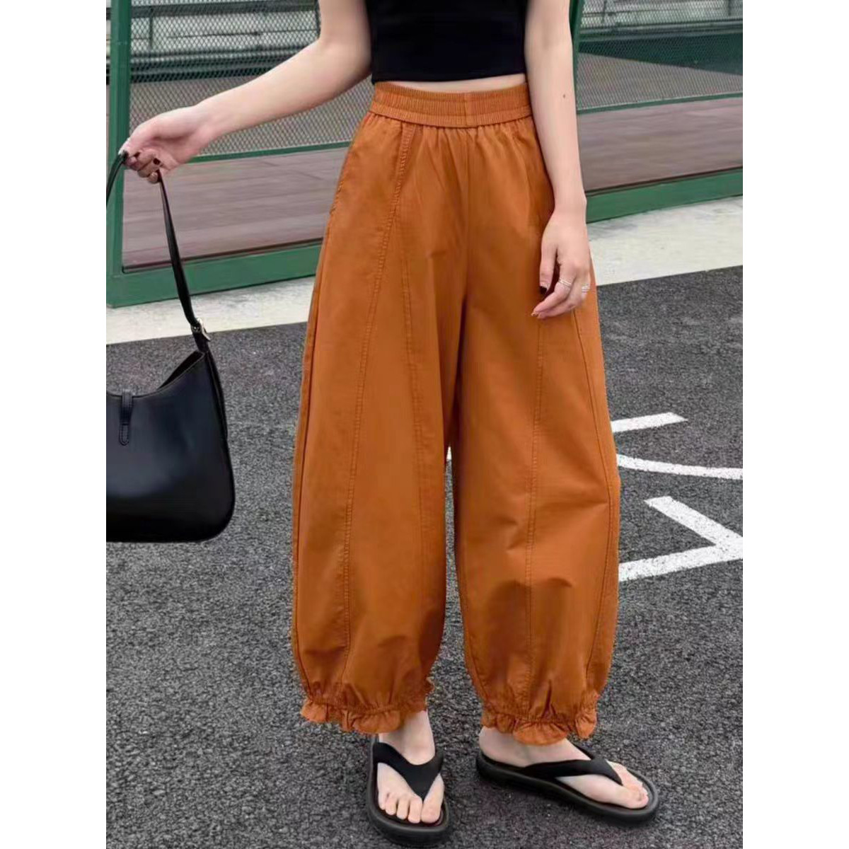 橘色松紧腰休闲阔腿花苞裤女夏季