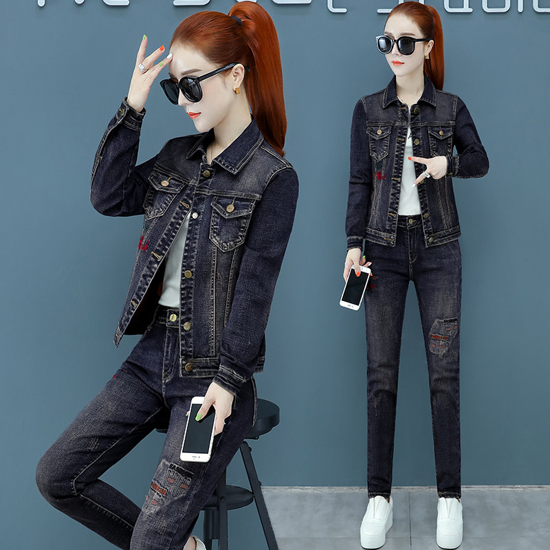 高级感黑色牛仔休闲套装女秋修身显瘦外套长裤两件套穿搭一整套