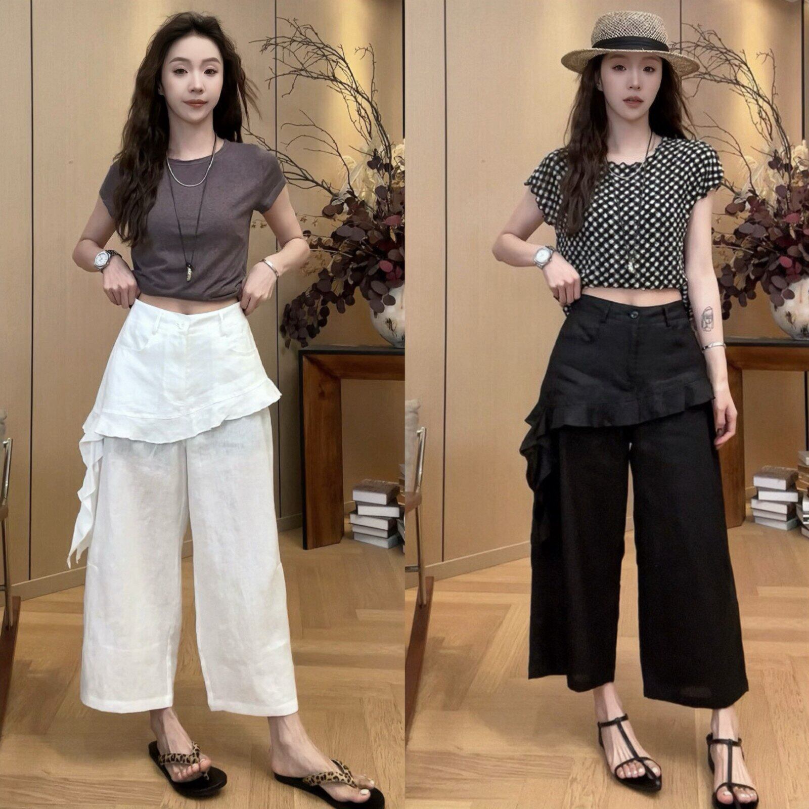 不规则假两件荷叶边阔腿裤女夏季