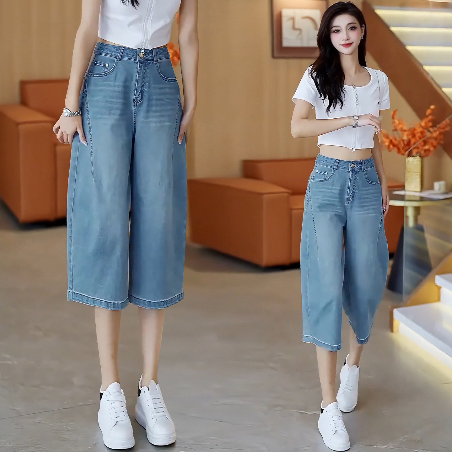 蓝色窄版高腰七分弯刀牛仔裤女夏