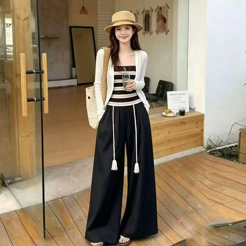 早秋新款时尚休闲百搭长袖开衫+条纹吊带+高腰阔腿裤三件套装