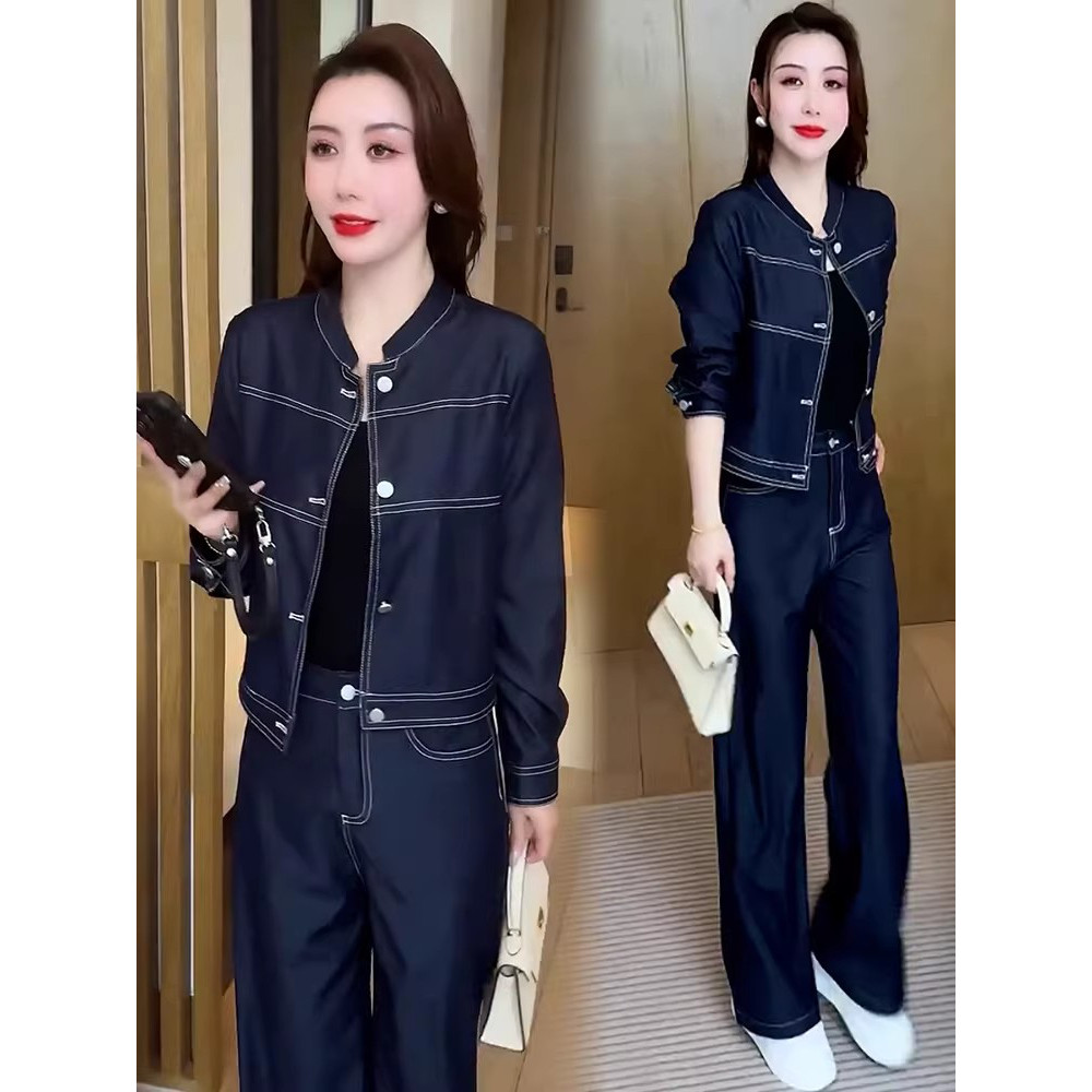 时尚休闲套装女秋季新款洋气显瘦牛仔外套阔腿裤减龄两件套潮