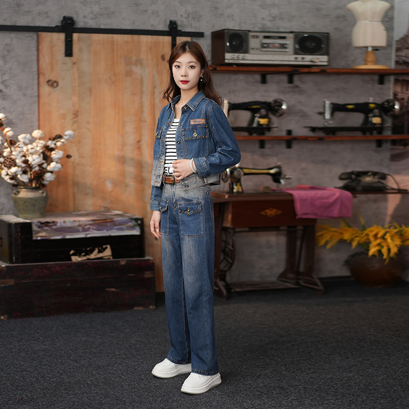 水洗怀旧复古蓝牛仔外套加裤子两件套女秋时尚洋气百搭套装