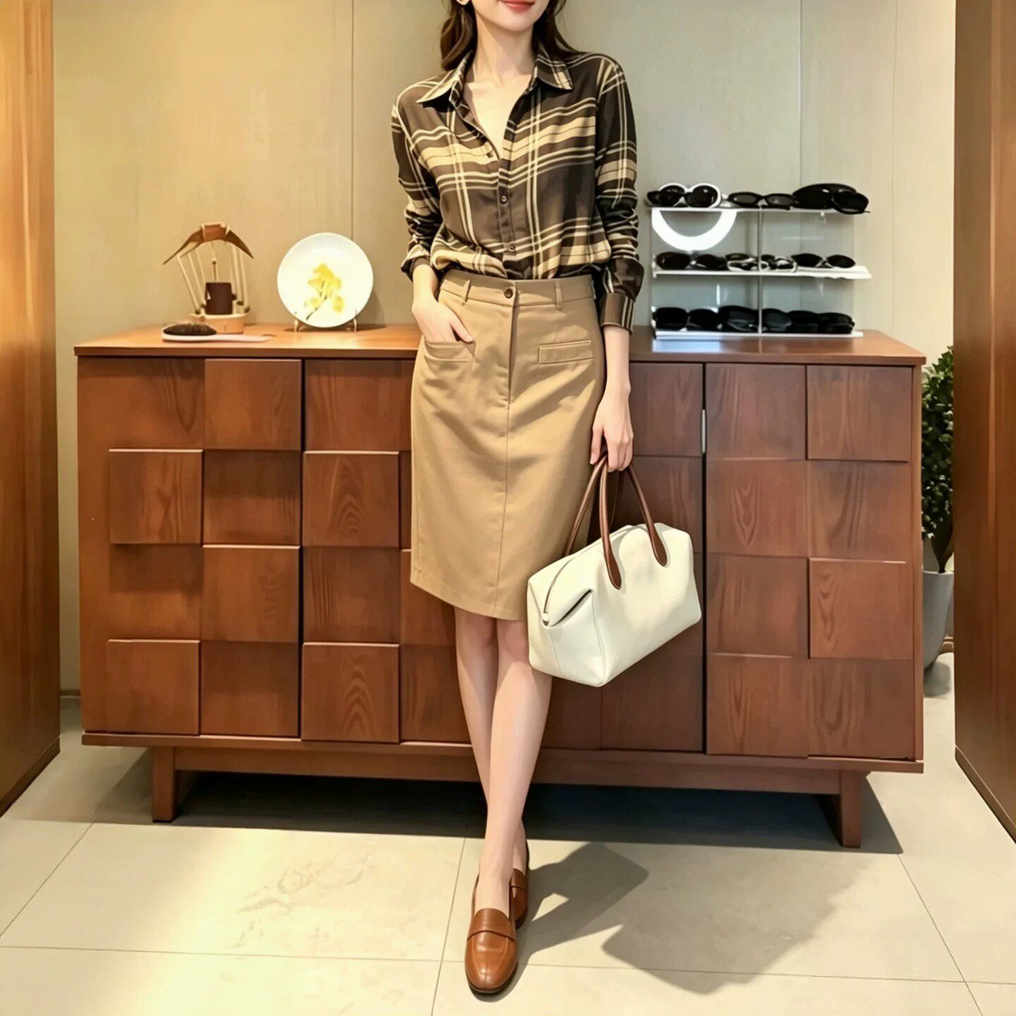 盐系时尚套装裙女秋季新款复古格纹长袖衬衫显瘦半身裙气质两件套