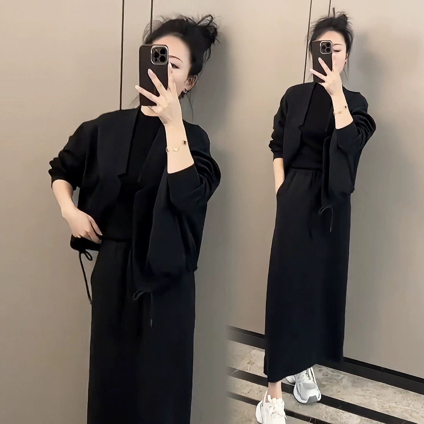 时尚套装裙女秋季新款简约风宽松开衫修身打底衫半身裙三件套