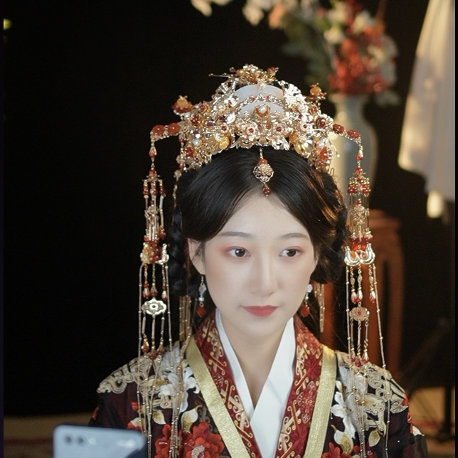 稷氏小筑 小乔 汉服婚嫁发冠流苏发钗发簪发饰头饰耳环套装