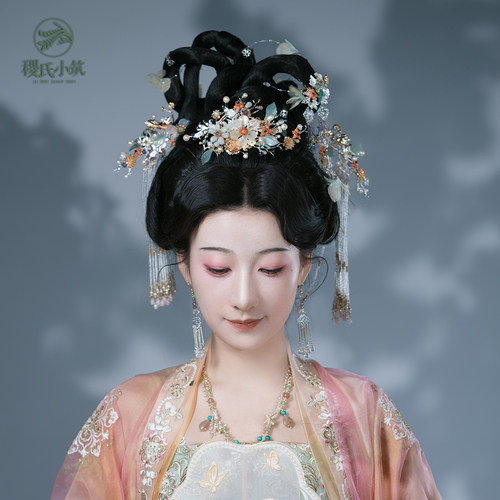 稷氏小筑 花浮玉 古风发饰发冠掩鬓铜镀金耳环汉服头饰发饰女