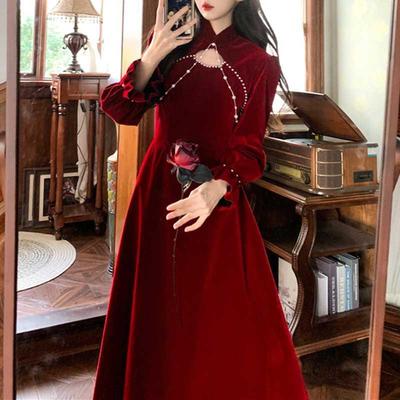 秋冬大码新中式旗袍回门订婚晚会敬酒服平时可穿高级感红色连衣裙