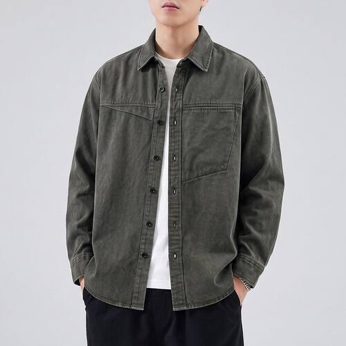 美式复古水洗牛仔宽松抗皱衬衫男