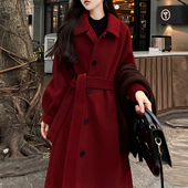 酒红色复古毛呢外套女秋冬装 大码 胖MM200斤新年婚礼加厚呢子大衣