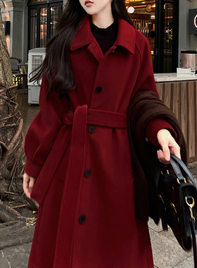 酒红色复古毛呢外套女秋冬装大码胖MM200斤新年婚礼加厚呢大衣