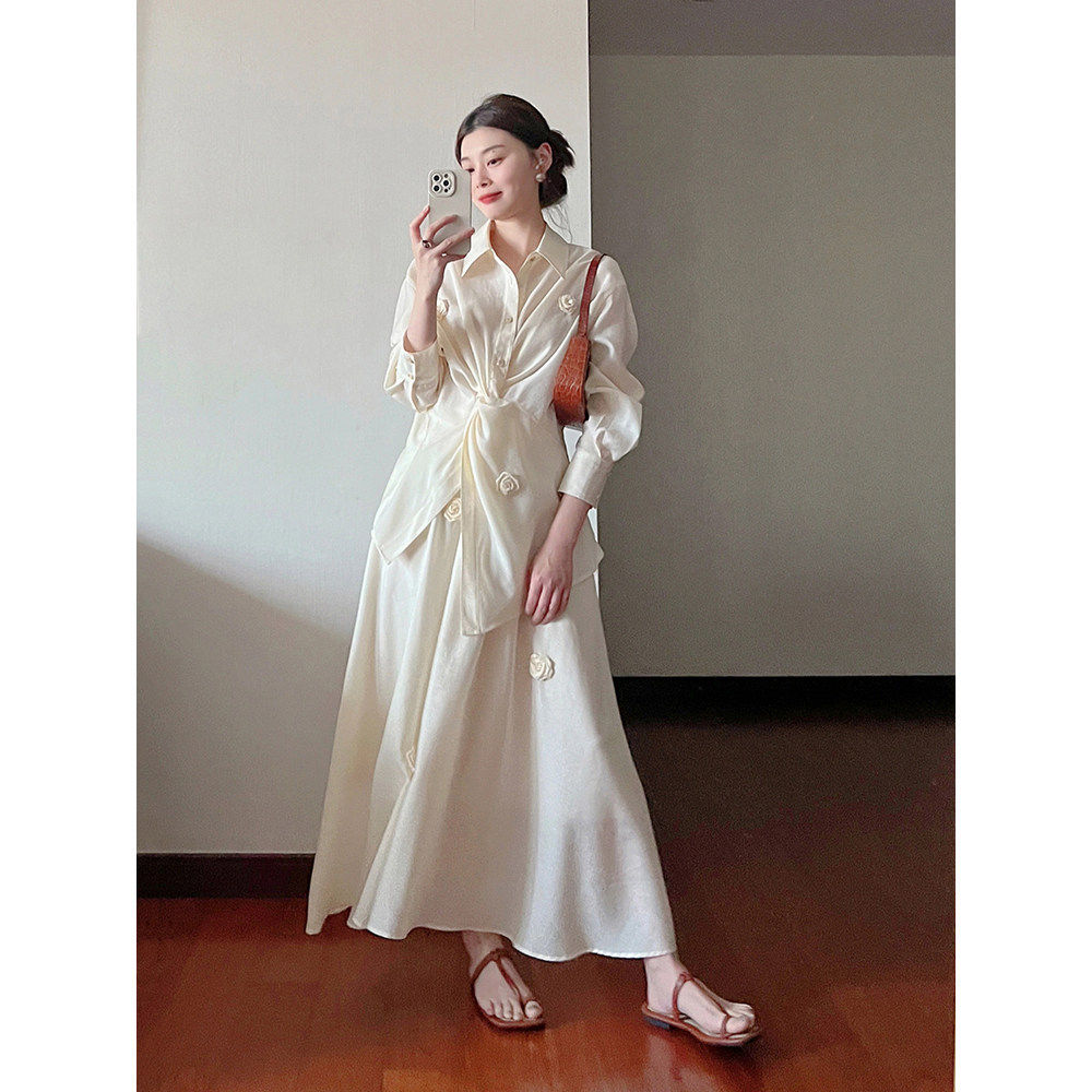 春夏穿搭一整套立体花朵两件式洋装衬衫长裙高级设计感小众套装