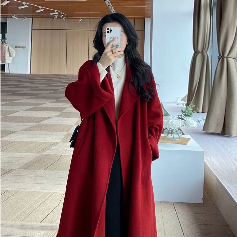 酒红色本命过年呢子大衣韩系秋冬季大码胖MM小个子加厚毛呢外套女