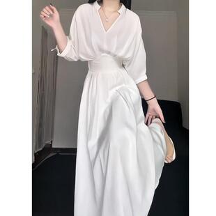 高级感法式白色茶歇连衣裙女2026夏季新款肌理感显瘦衬衫长款裙子