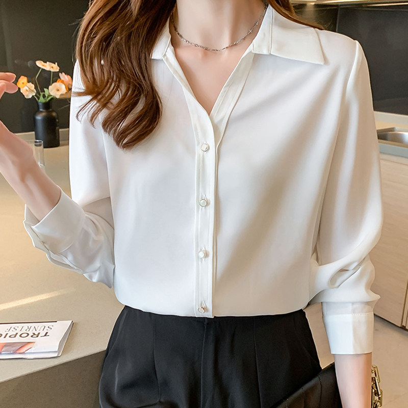 白色雪纺V领衬衫女长袖春秋装韩版大码胖MM设计感小众职业OL上衣