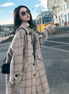 格子毛呢外套女2025春秋大码胖mm220斤中长款小个子加厚呢子大衣