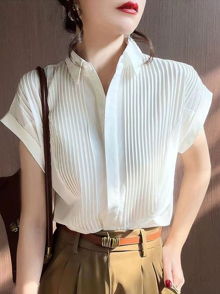 短袖白衬衫女夏季风琴褶宽松职业衬衣设计感小众雪纺落肩袖上衣