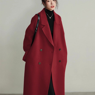 酒红色毛呢外套女秋冬韩系大码胖MM200斤本命新年婚礼加厚呢大衣