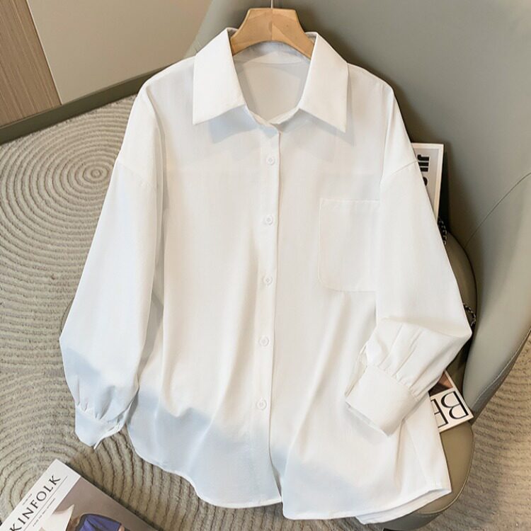 白色雪纺衬衫女夏大码女装胖MM220斤宽松休闲大口袋长袖纯色上衣