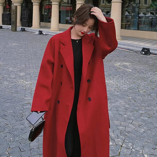 酒红色毛呢外套女春秋装大码胖MM宽松新年婚礼小个子加厚呢子大衣