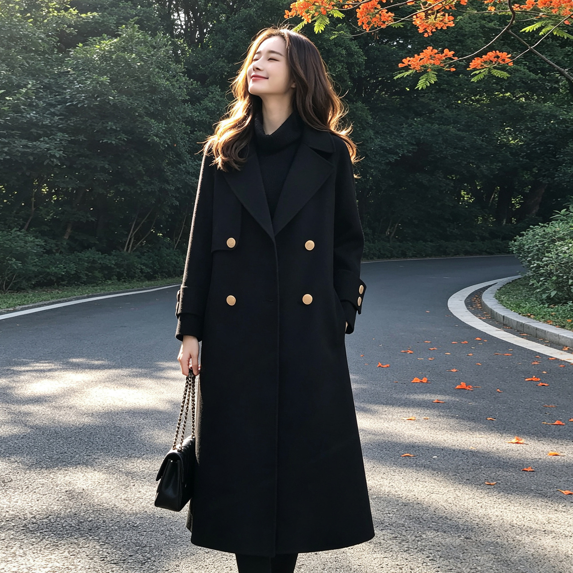 【送运费险】黑色双排扣毛呢外套